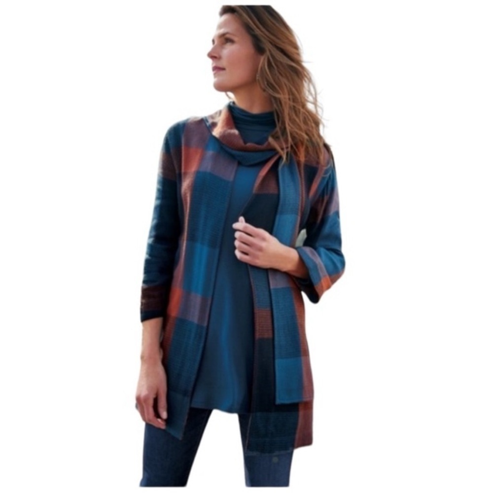 Soft Surroundings Plaid Open Front Cardigan w/Built in Scarf M